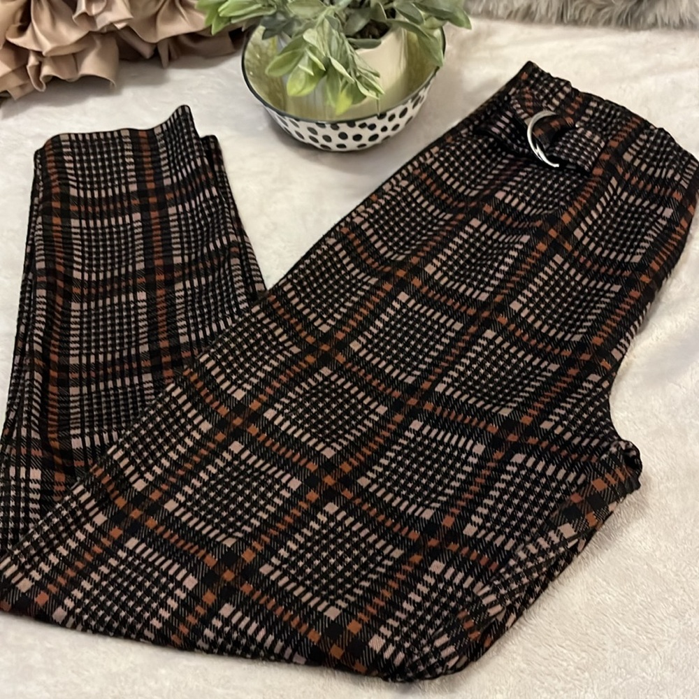 Forever 21 Plaid Black Brown Beige Highwaisted Stretch Pants Sz L